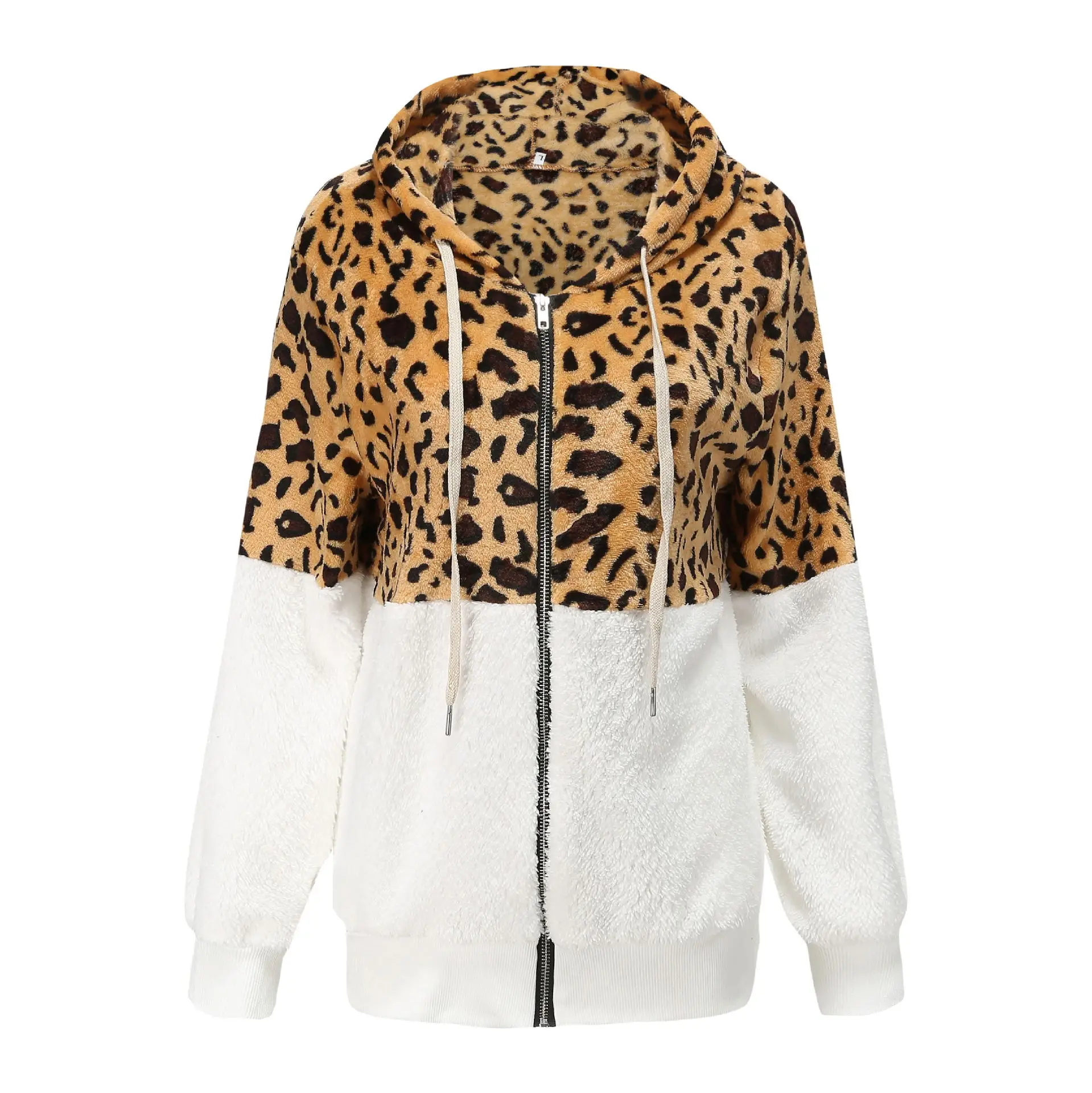 White Leopard Faux Fur Coat Women Winter Warm Fleece Sweatshirt Zipper Hoodie Outerwear Splice Oversized New Imitation Fur Coat Female - Цвет: White