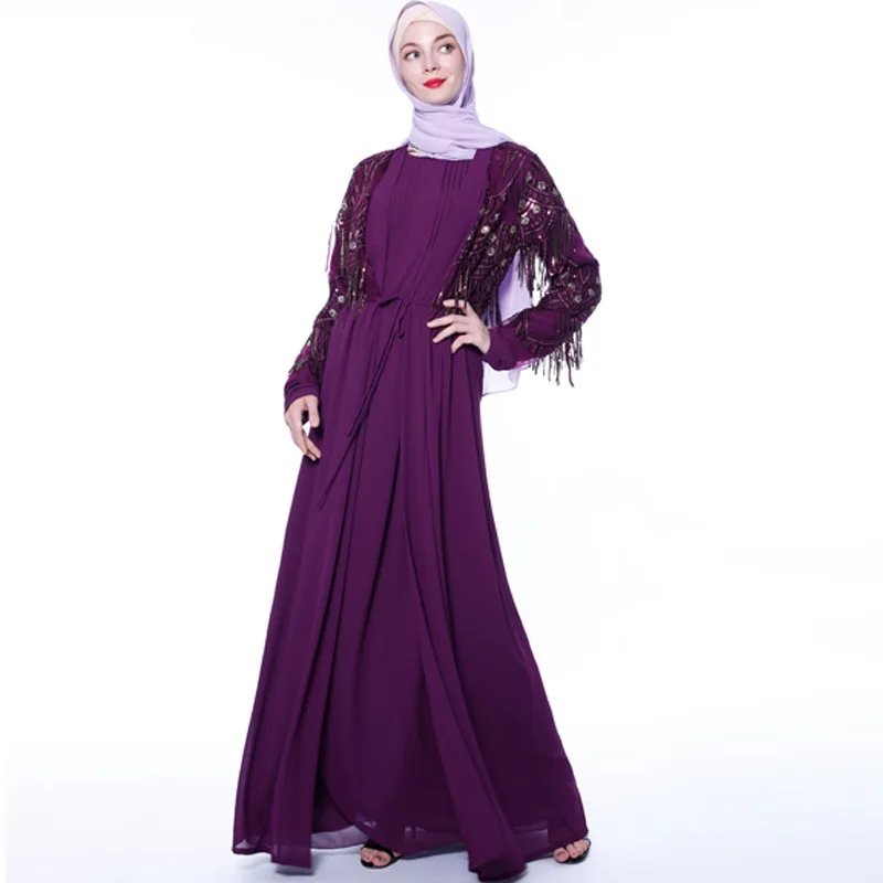 

Luxury Muslim Sequins Abaya Tassels Full Dresses Cardigan Kimono Long Robe Gowns Jubah Middle East Ramadan Eid Arab Islamic