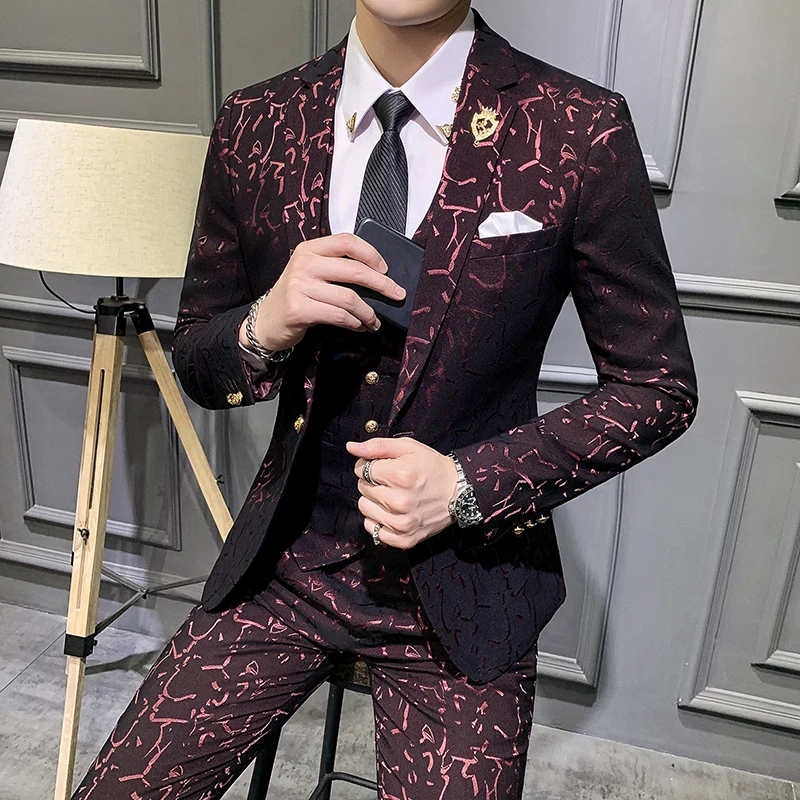 ブレザー + パンツ + ベスト/男性のスリムスーツ 3 点セット高級男性の印刷スーツロイヤルブルードレススリムタキシード男性のスーツ新郎の服 -  AliExpress メンズ服