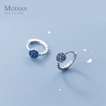 

Modian Vintage 925 Sterling Silver Blue Crystal Stone Stackable Light Beads Hoop Earring for Women Japanese Style Fine Jewelry