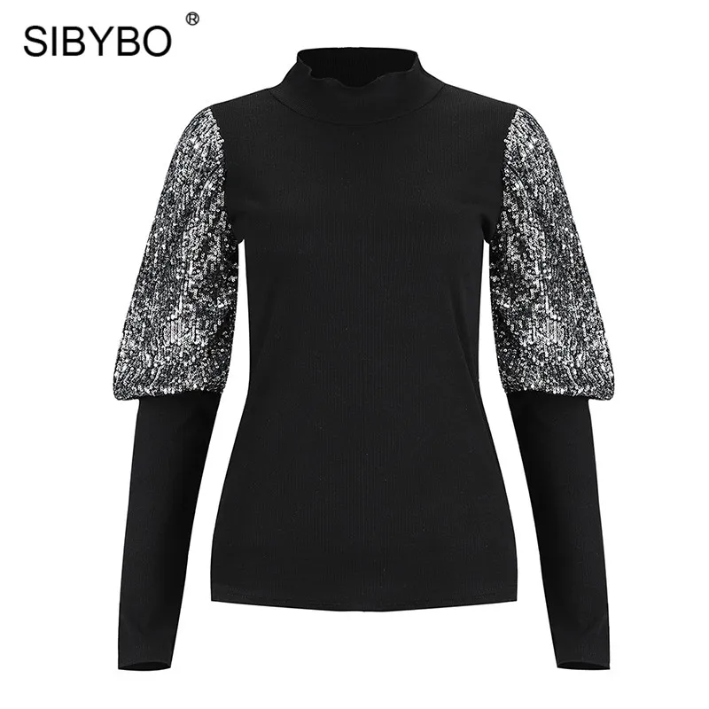 SIBYBO/повседневные женские топы в рубчик с блестками, зимняя футболка с длинным рукавом и высоким воротником, женские тонкие элегантные футболки
