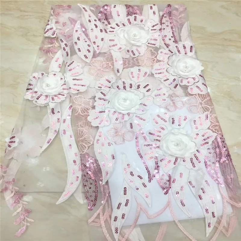 

NEW High Quality 2019 Tulle sequins Beaded French Nigerian Lace Fabrics Pearls Embroidered Guipure African 3d Lace Fabric Pink