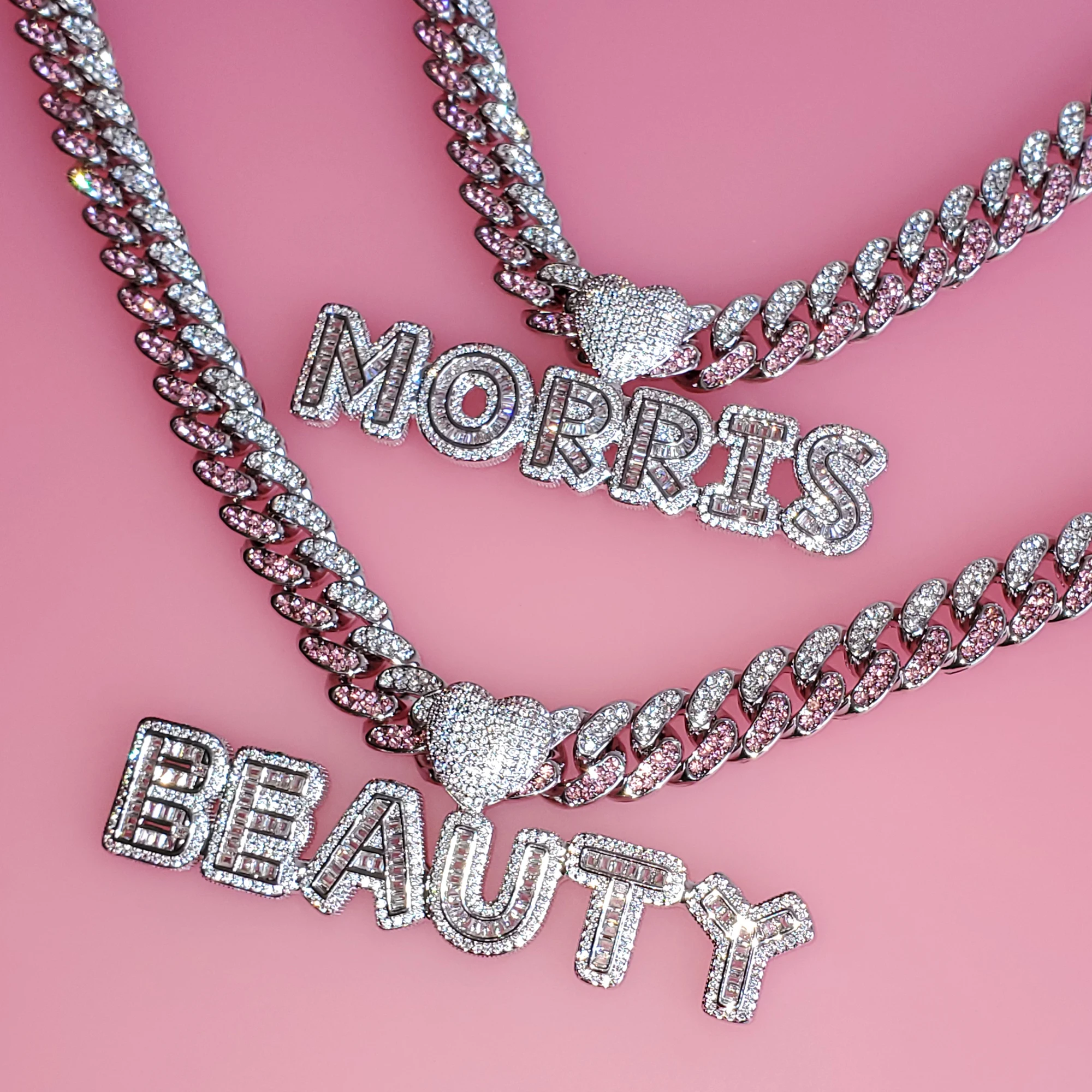 Pink&Clear Stones Cuban Link Chain With Name Pendant Choker Heart Bail Icy Letters Necklace Blingbling Monogram Custom Necklace