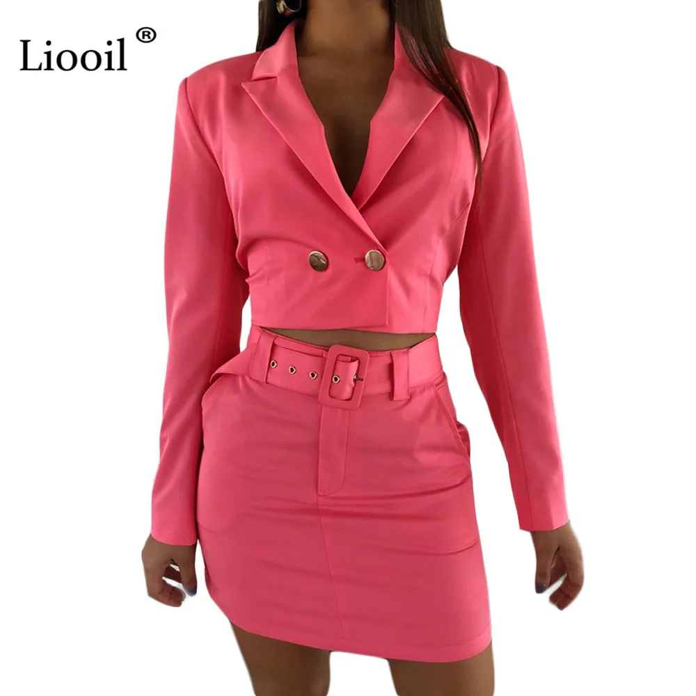 

Liooil Orange Two Piece Suit Set Women Sexy Club Outfits Autumn 2019 Long Sleeve Button Up Coat And Mini Skirt With Pockets Belt