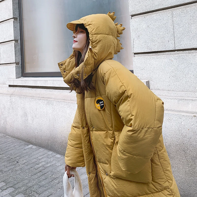 Новая женская зимняя куртка с капюшоном женские толстовки контрастного цвета средней длины новые женские хлопковые пальто до колена динозавра