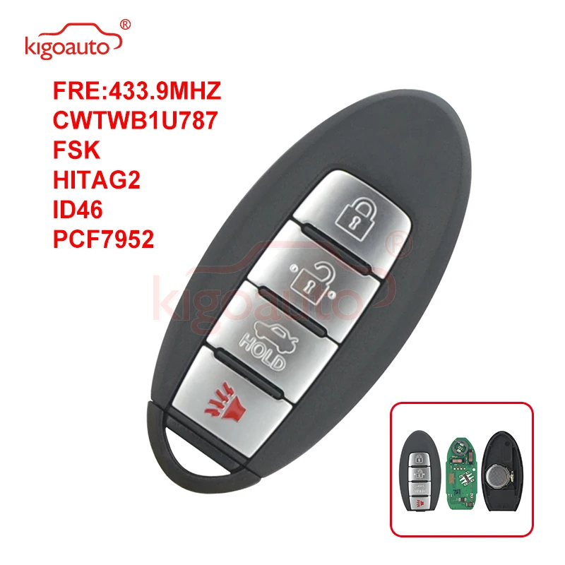 KIGOAUTO Smart Car Key 4 Button 433.9MHZ FSK HITAG-2 ID46 PCF7952 For Nissan Sentra Car Remote Key 2013 2014 2015 CWTWB1U787 remtekey smart key 3 button 433 9mhz fsk hitag 3 id47 pcf7952x for nissan teana keyless entry car key 2013 2014 2015