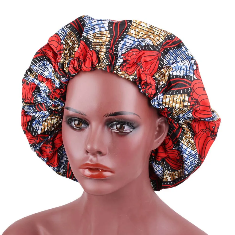 Красный Extra Large Satin Lined African Bonnet Stretch Print Women Turban Ankara Bonnets Cap Hair Accessories - Цвет: Красный