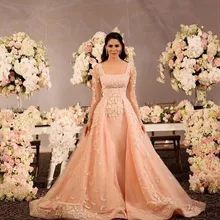Fashion mariage dubai long sleeve muslim Prom Square collar appliques Beading Lace Detachable Train Bespoke Wedding Dresses