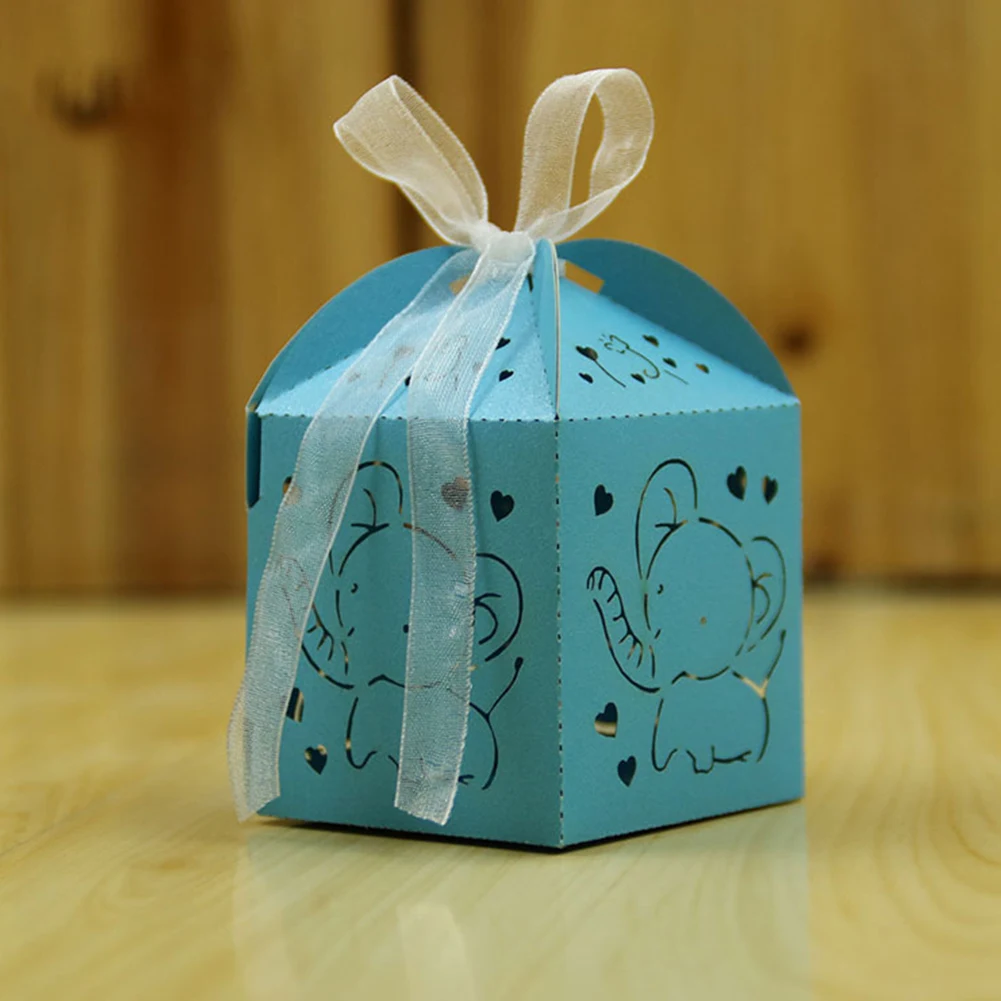 10 Pcs Elephant Gift Pouch Foldable Cute Wedding Paper Decorative Baby Shower Birthday Party Candy Box Hollowed Out With Ribbon