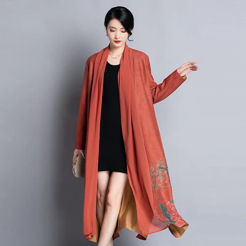 Photo Shoot Autumn And Winter New Style Ethnic-Style Suede Special Printed Coat Trench Coat Retro Coat U9246