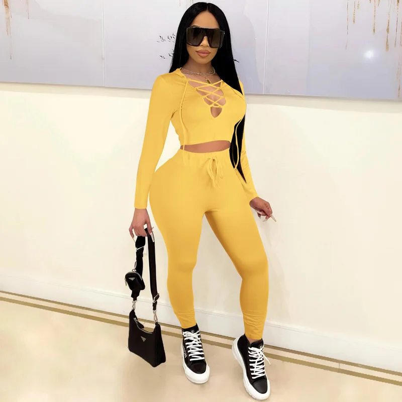 Sexy Two Peice Set Women's Tracksuit Long Sleeve Hollow Out Crop Top Bodycon Pants Autumn Outfits Night Clubwear Matching Sets