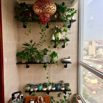 

Shelf on the wall balcony wall solid wood partition one character shelf iron shelf decorative shelf flower shelf shoe rack