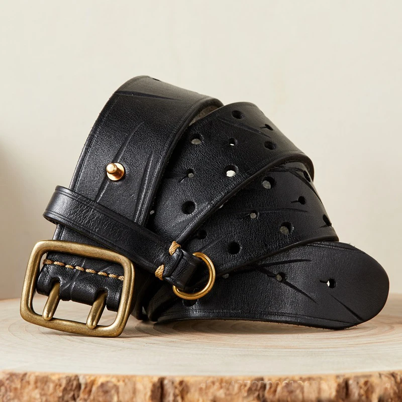 Luxury Thick Cowhid Genuine Leather Men Belt Double Buckle Belt for Jeans