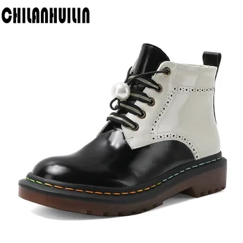 

genuine leather boots women shoes thick sole lace up autumn winter short ankle boots for women beading platform motorcycle boots