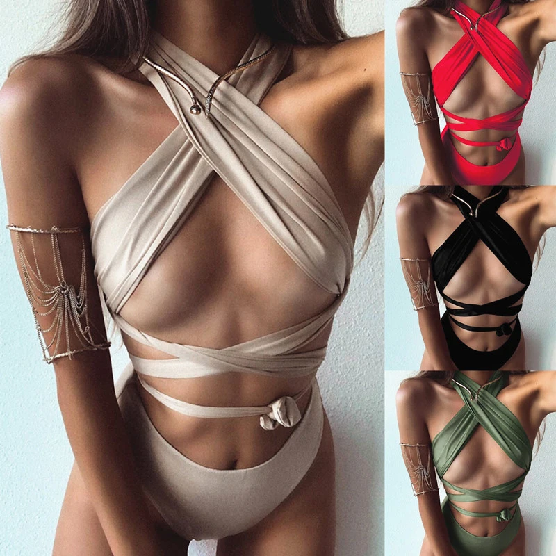 

2020 Sexy Bandage Bikini Swimwear Women Two Pieces Swimsuit Cross Bikini Set Solid Bathing Suits Summer Beach Wear Swimming Suit