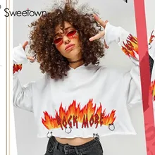 Sweetown/осень ; модная Милая Женская толстовка с принтом огня; уличная белая Повседневная Свободная Толстовка в стиле хип-хоп; пуловер с капюшоном