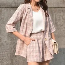 Veste à carreaux et pantalon pour femme, ensemble 2 pièces, short et haut, style décontracté coréen, tenue de bureau, couleur rose, tendance été 2020 