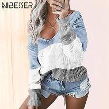 NIBESSER, осень, свободный свитер с v-образным вырезом, женский, на каждый день, цветной блок, вязаный джемпер, Pull Femme, длинный рукав, свитер, Mujer размера плюс XL