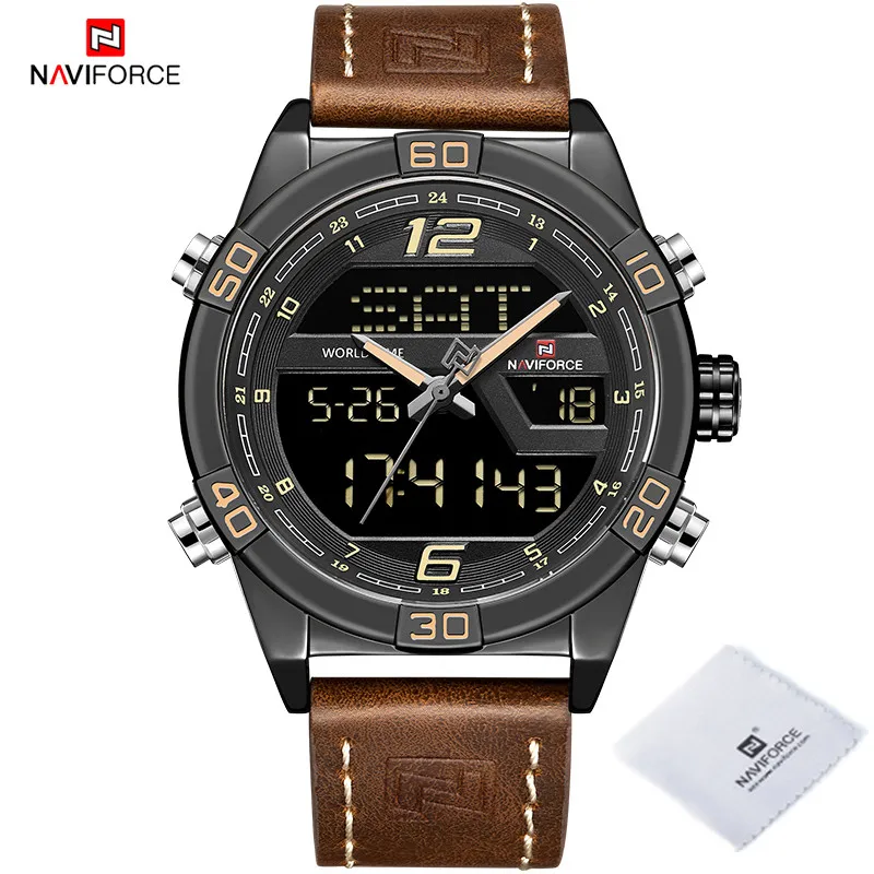 NAVIFORCE Business Watch for Men Genuine Leather Dual Display Digital Clock Waterproof Dial Fashion Wristwatch Relogio Masculino 