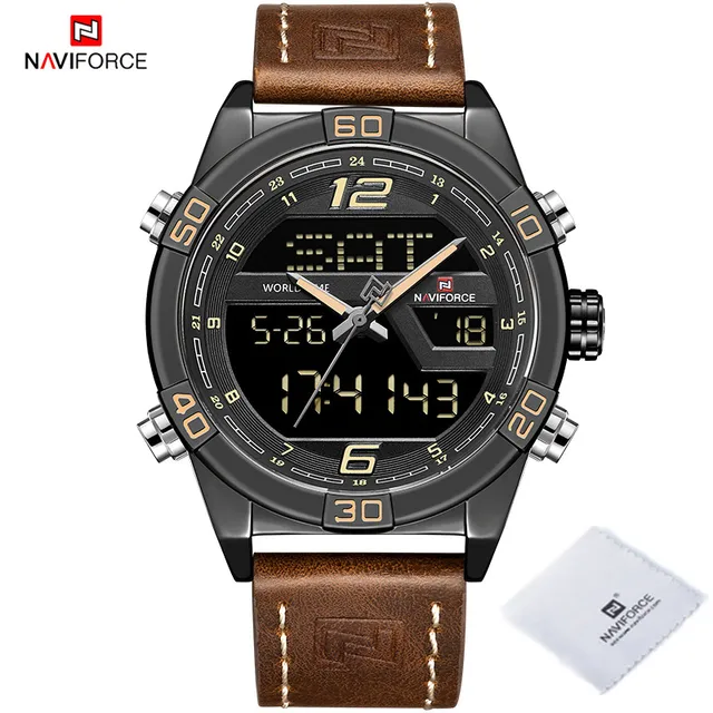 NAVIFORCE Luxury Gold Watches For Men Leather Band Waterproof Digital Alarm Sport WristWatch Man Military Dual Time Quartz Clock BYDBN