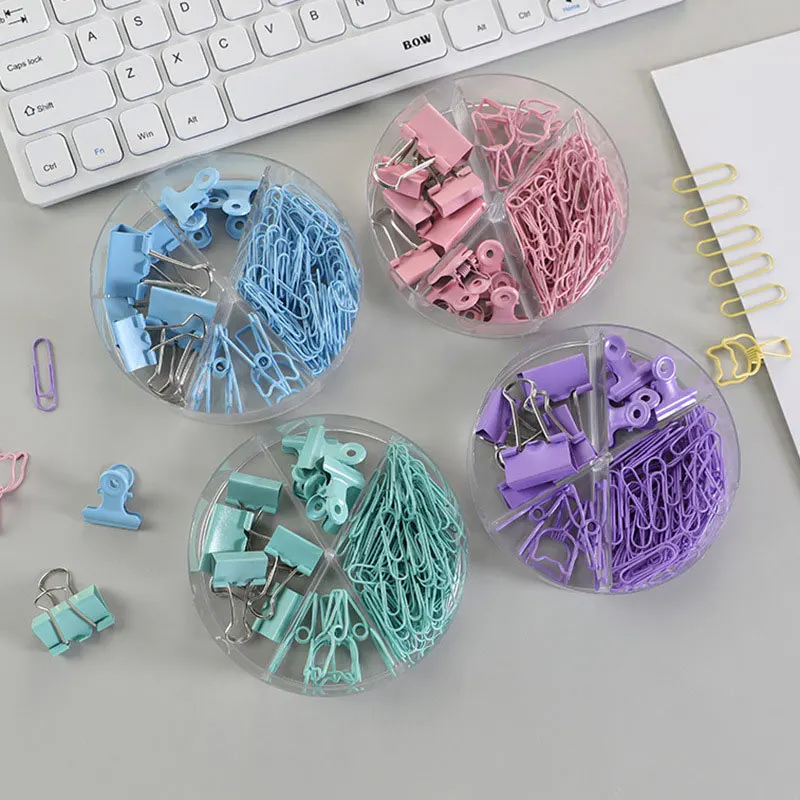 84pcs/box Kawaii Cat Heart Metal Paper Clip Candy Color Binder Clips For Book Decorative Clip Set School Stationery 10pcs japanese cat wooden clips with hemp rope mini nice food clip kawaii wood paper clip for bag students diy tools