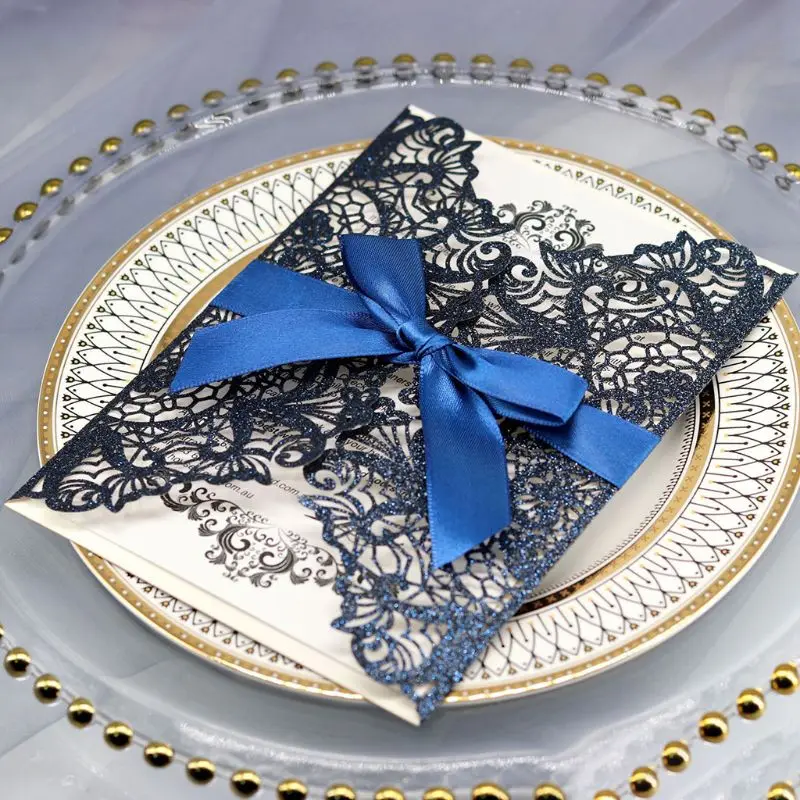  10pcs/set Laser Cut Glitter Lace Wedding Invitation Cards With Bow Ribbon Envelopes For Bridal Show - 4.00036E+12