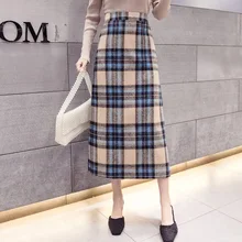 Тонкая Ретро клетчатая юбка с высокой талией на осень и зиму Harajuku утолщенная шерстяная клетчатая Корейская элегантная длинная юбка Офисная женская нижняя часть