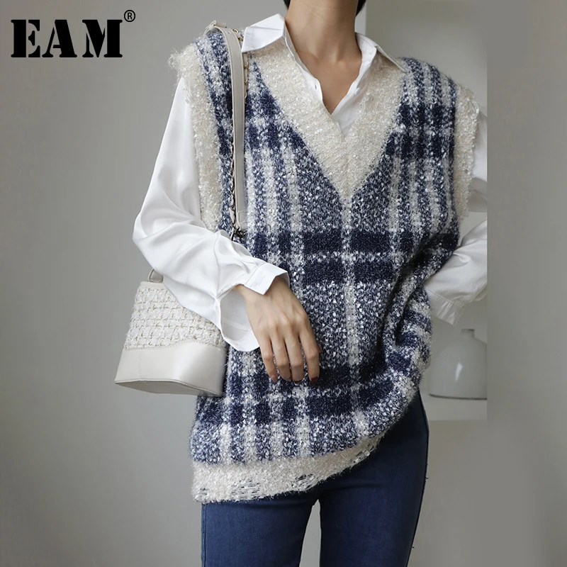 

[EAM] Plaid Split Joint Lesiure Knitting Sweater Vest Loose Fit V-Neck Sleeveless Women New Fashion Autumn Winter 2019 1D038