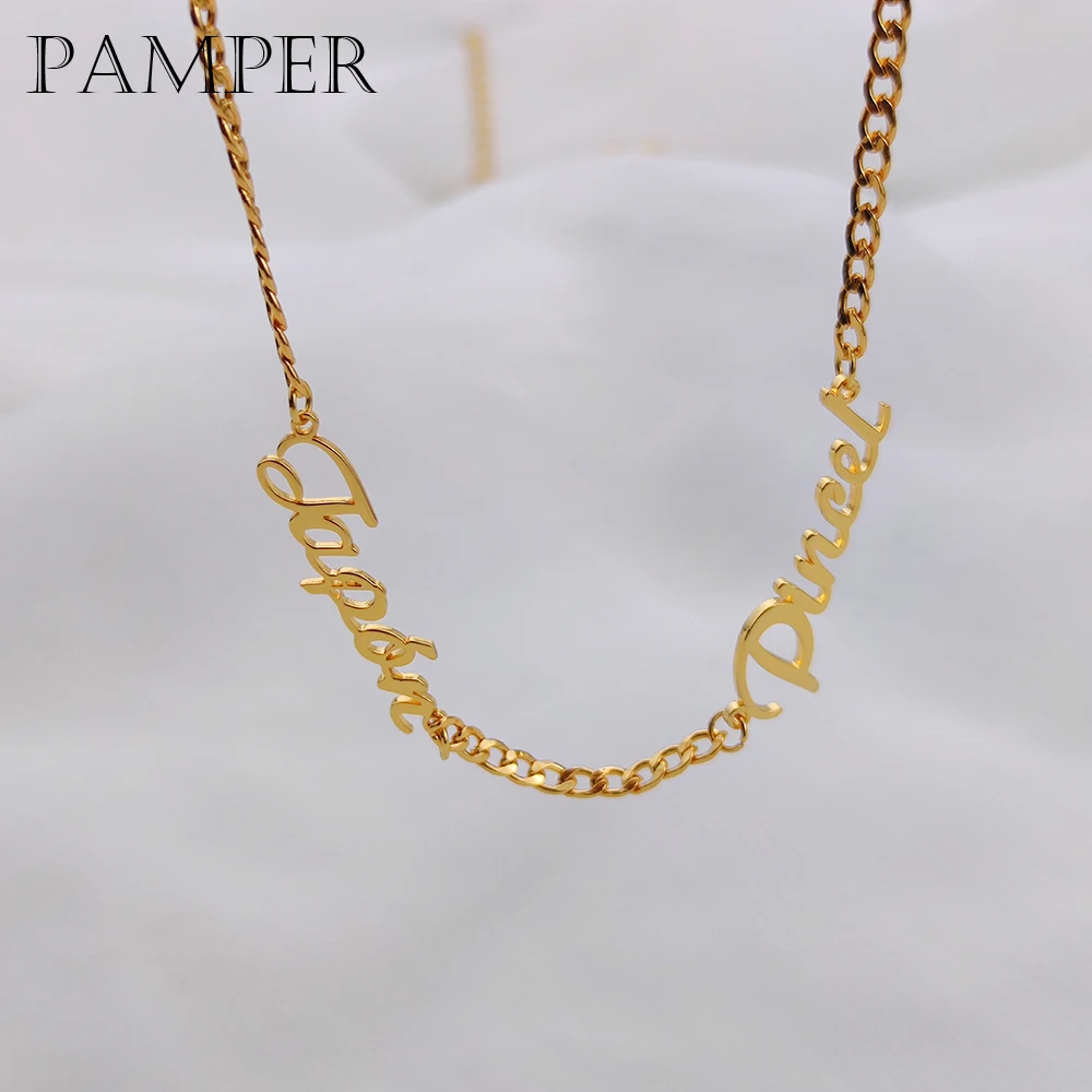 

PAMPER Multiple Name Custom Necklace Stainless Steel Gothic Punk Cuban Chain Personalized Family Nameplate Pendant Couple Gift