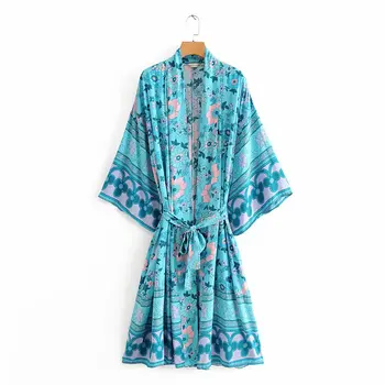 

2020 new Spring Summer European Mint Green Printed zaraing women Kimono dress vadiming female dress Shawl Cardigan Wdd60301