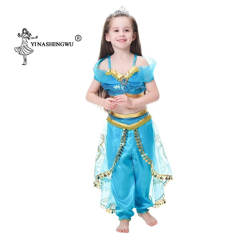 Маскарадный костюм для девочек с изображением лампы Аладдина и жасмина; костюм принцессы; Детский костюм на Хэллоуин, Рождество, вечеринку; комплект из двух предметов+ головной убор