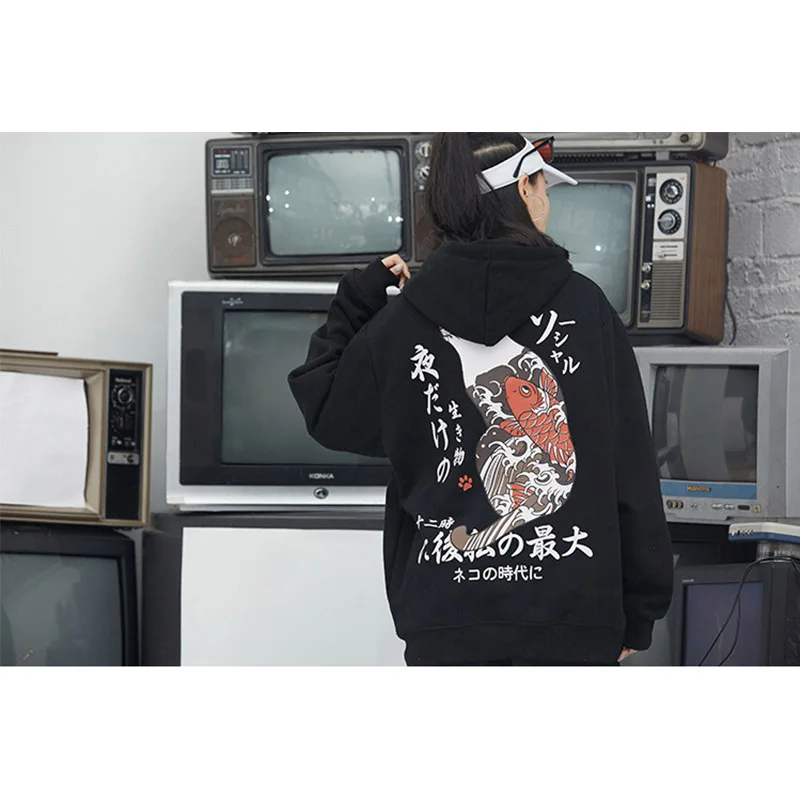 Harajuku Men's Hoodie Sweatshirt Sweatshirt Japan Ukiyo E Cat Print Hip Hop Hoodie Street Wear Wool Pullover Hoodie Cotton 2019