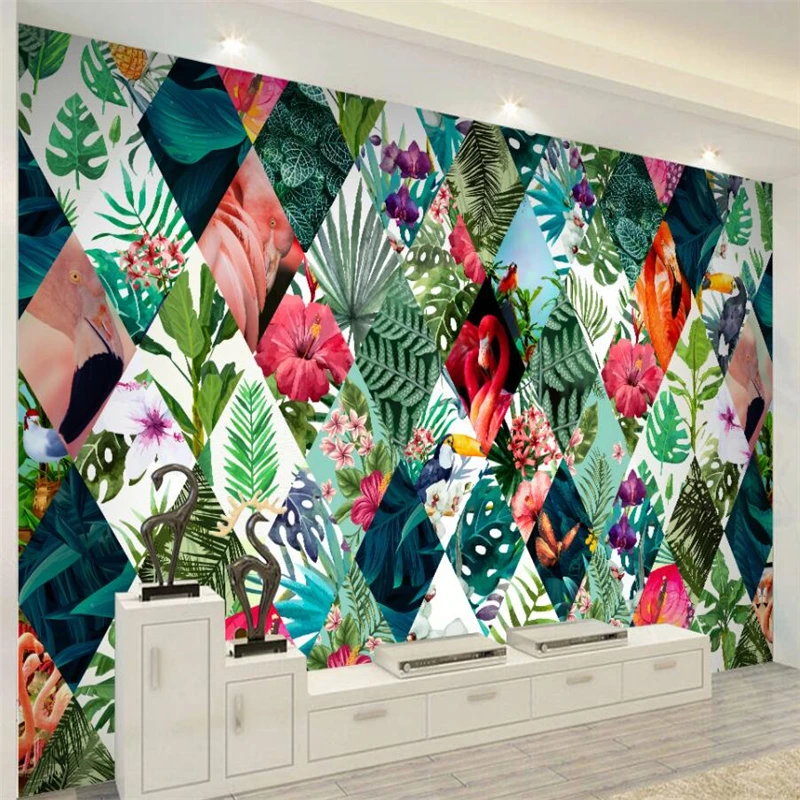 Beibehang-Nordic-tropical-plants-flower-flamingo-TV-sofa-background-wall-paper-custom-large-mural-green-wallpaper