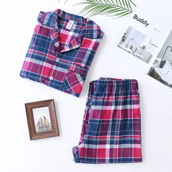 

100% Cotton plaid pajamas set man pyjama long shirt pants 2Piece/Set 2020 fashion Sexy men casual homewear
