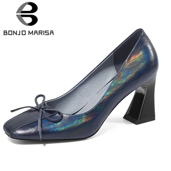 

BONJOMARISA Elegant Office Lady Spring Pumps Butterfly Knot Shallow Slip On Pumps Women 2020 High Heel Square Toe Shoes Woman