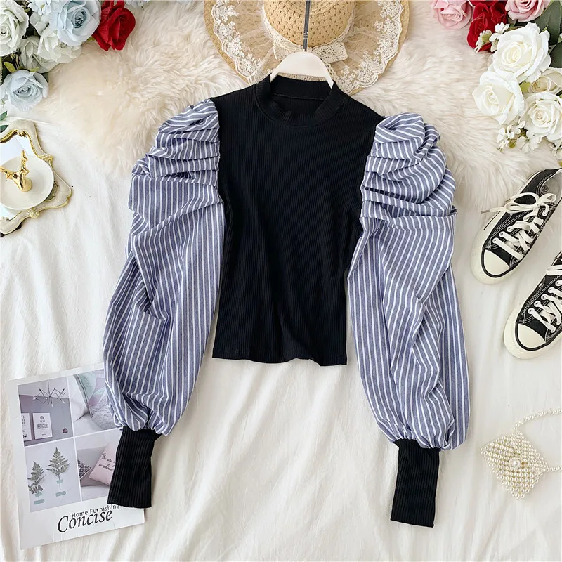 black plaid Модные Рождественские свитера для женщин с пышными рукавами, блузки, свитера, укороченные топы, дизайнерские осенние розовые вязаные пуловеры с длинными рукавами - Цвет: black plaid