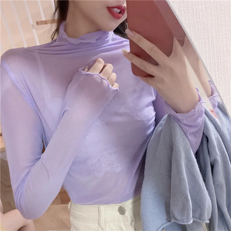 TingYiLi High Neck Sheer Mesh Top Women Long Sleeve Turtleneck T-shirt Korean Sexy See Through Black White Pink Purple Shirt tee shirts