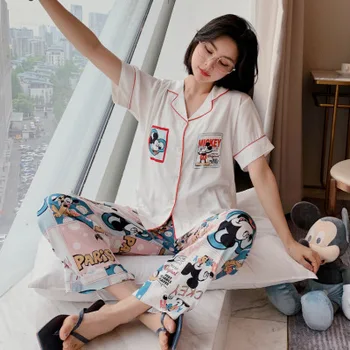 

Summer new sexy fashion ice silk pajamas Set & cute cartoon animal silk sleepwear Set & Turn down Collar 2 piece set nightwear