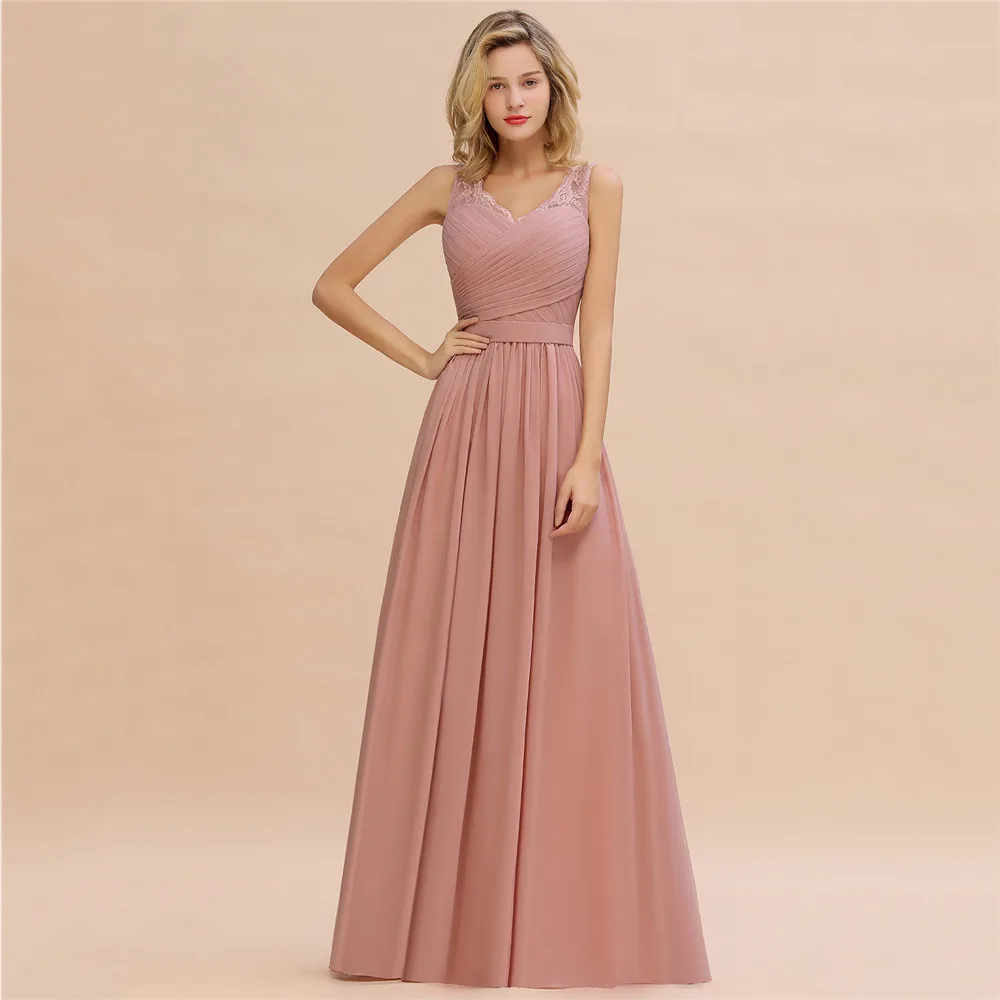 ПЫЛЬНАЯ РОЗА кружево длинное вечернее платье А-силуэт Vestido de Festa плиссированные v-образным вырезом Вечерние Выпускные платья Robe de Soiree Longue
