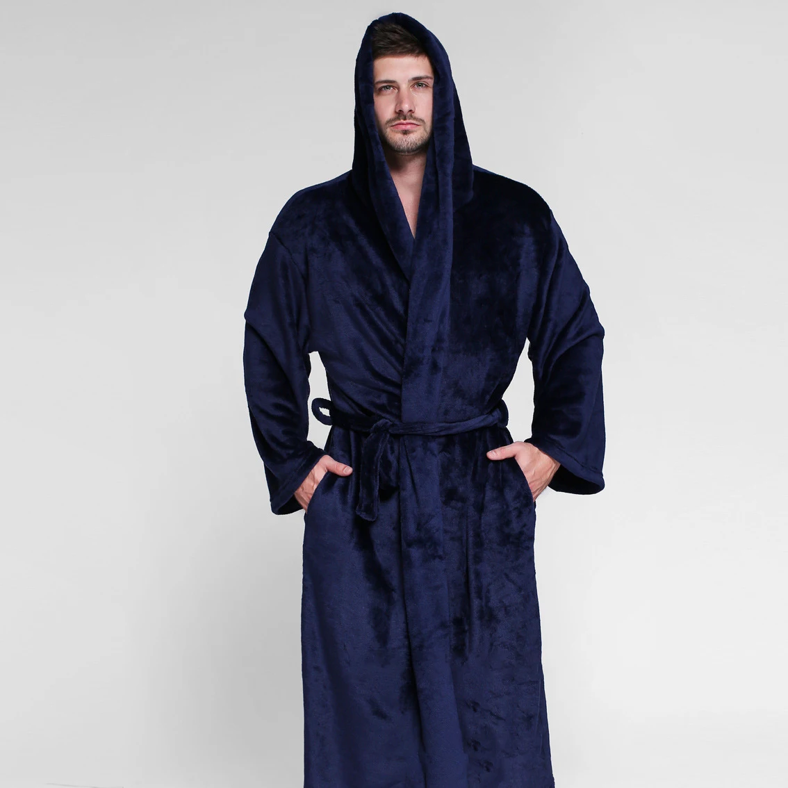 Мужской удлиненный теплый Халат с капюшоном плюс размер Зимний фланель утолщенный теплый банный халат-кимоно мужской Халат мужские халаты