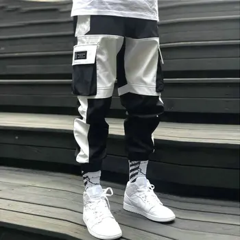 

2020 Spring Summer New Men Cargo Pants Cotton Hip Hop Mid Drawsring Pockets Full Length Men Black White Men Trousers Streetwear