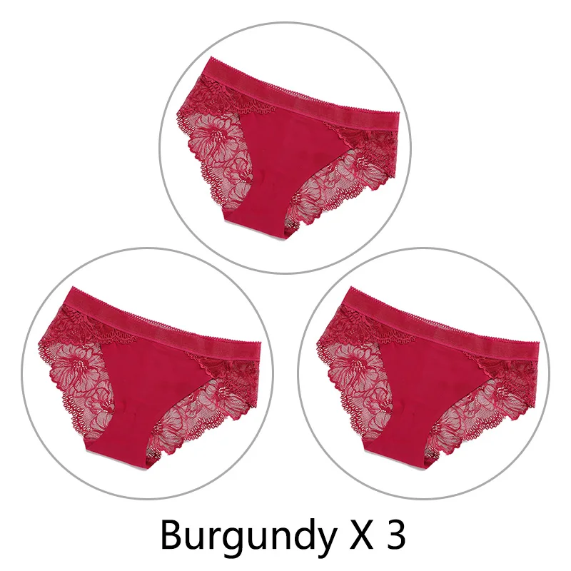 Burgundy-X-3 3 шт./партия, сексуальные кружевные трусики с низкой посадкой, открытый прозрачный задник, трусы, дышащие, женское нижнее белье s-xl большой размер - Цвет: Burgundy-X-3