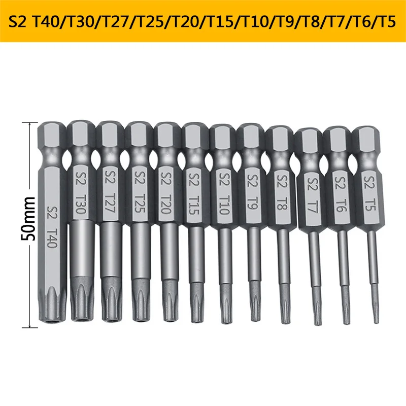 12pcs 50mm 11 шт. 12 шт. набор безопасных бит прочная отвёртка сверла насадки для отвертки плоская под звездообразный ключ головка 1/" шестигранные биты драйвера - Цвет: 12pcs 50mm