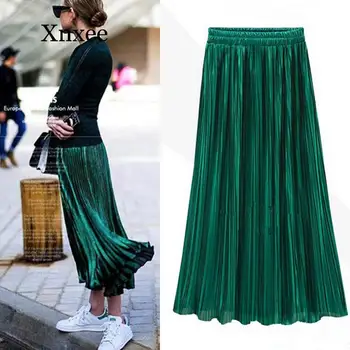 

Vintage Women Metallic Luster Stretch High Waist Plain Skater Flared Pleated Long Skirt Gold Sequined Skirts