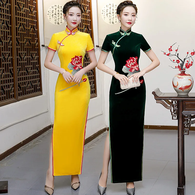 Желтое велюровое платье для выпускного вечера Cheongsam для свадебной вечеринки женское элегантное банкетное длинное платье Qipao восточные женские тонкие платья Vestido S-5XL