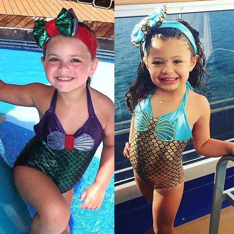 

2020 swimwear one piece children swimsuit girls mermaid bathing suit cute bikinis mayo headwear bow baby swimming clothing set