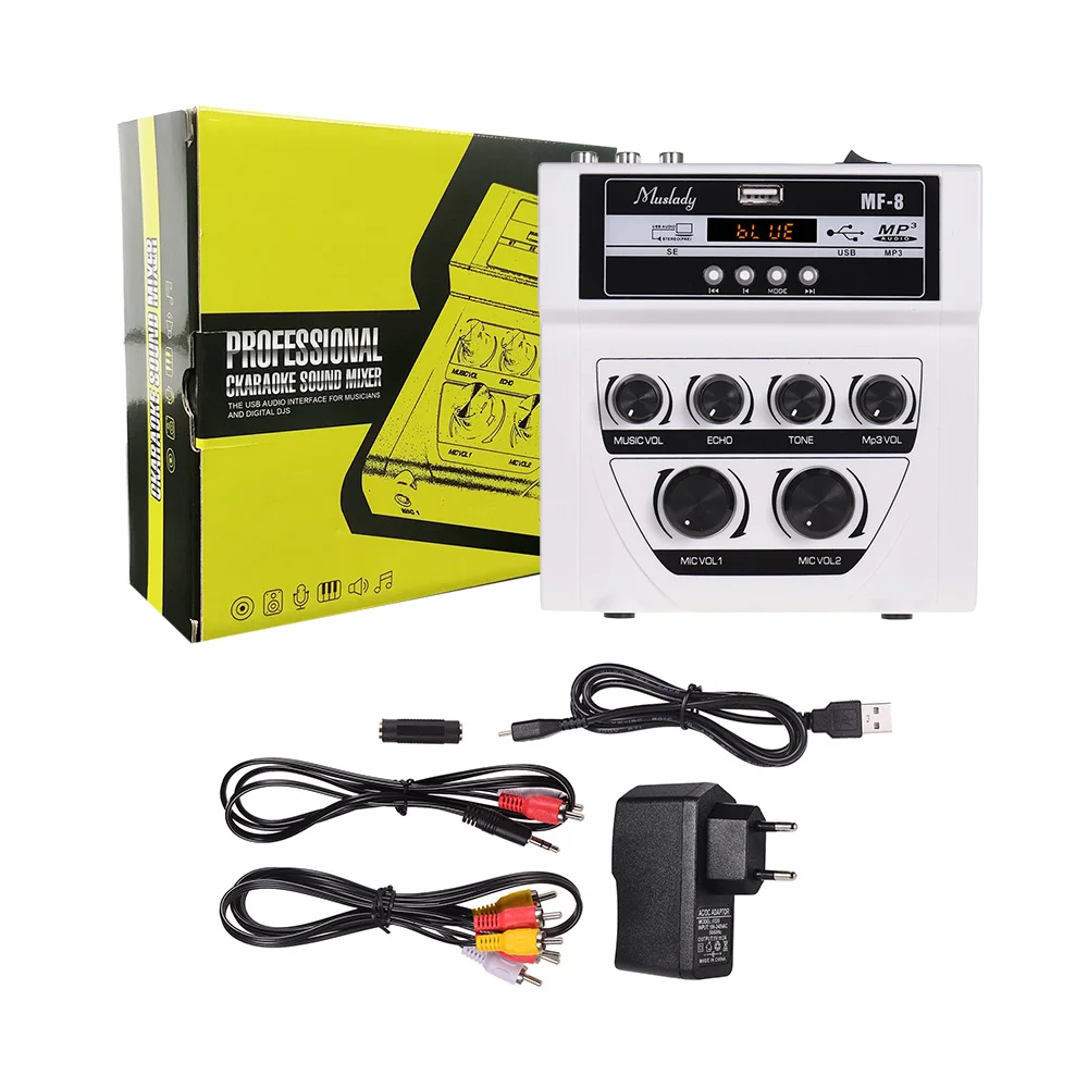 Muslady MF-8 мини Караоке звук аудио микшер стерео эхо смесители Двойной микрофон входы поддержка BT Запись MP3 функция - Цвет: White EU Plug