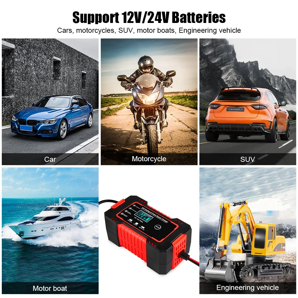 NEXPEAK Full Automatic Car Battery Charger 12V 24V 6A Digital LCD Display Power Puls Repair Wet Dry Lead Acid Battery Tester