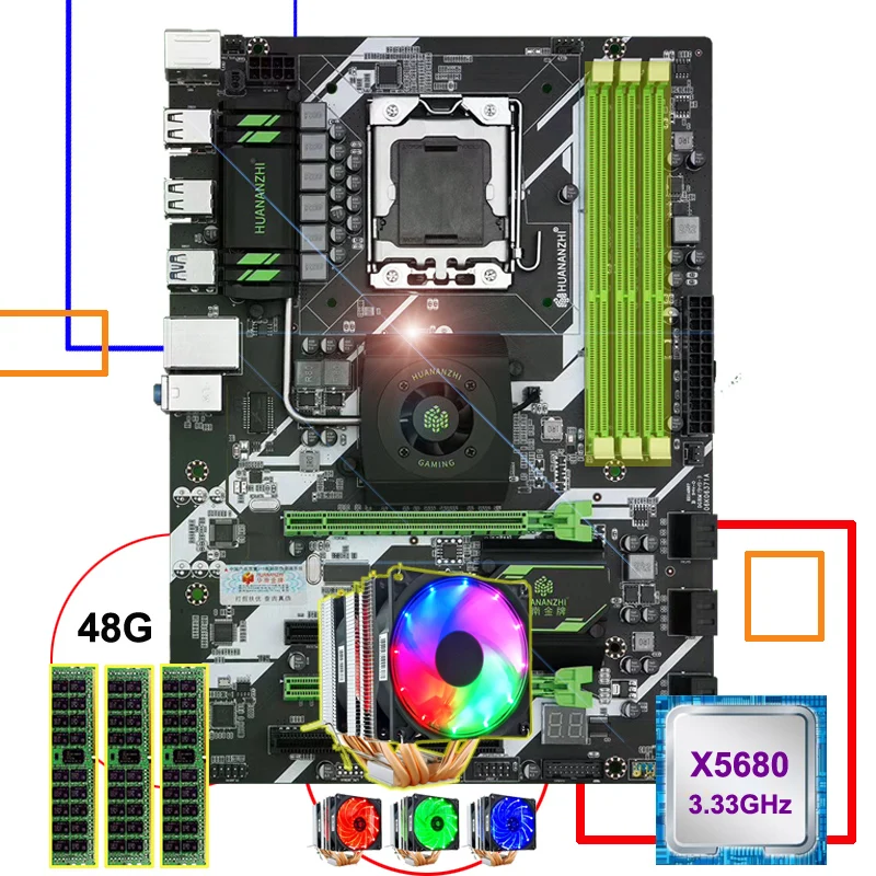 Best Price HUANANZHI X58 deluxe LGA1366 motherboard bundle north bridge cooler CPU Xeon X5680 6 heatpipes cooler memory 48G(3*16G) RECC
