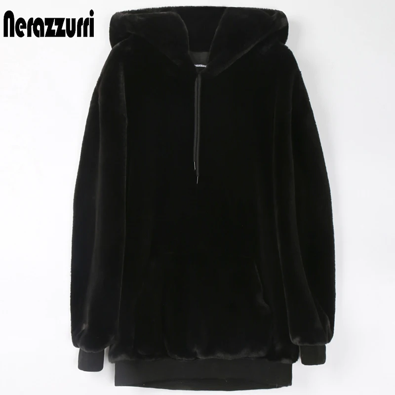 Nerazzurri Winter warm black fluffy faux fur sweater long sleeve Soft rabbit hoodie women plus size fashion 2020 pullovers | Женская